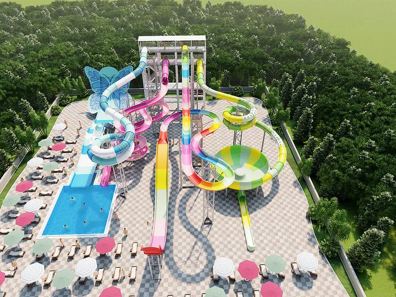 Velik aquapark z barvitimi adrenalinskimi tobogani