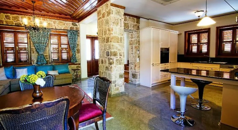 Luksuzna notranjost z kamnitimi stenami in jedilnico