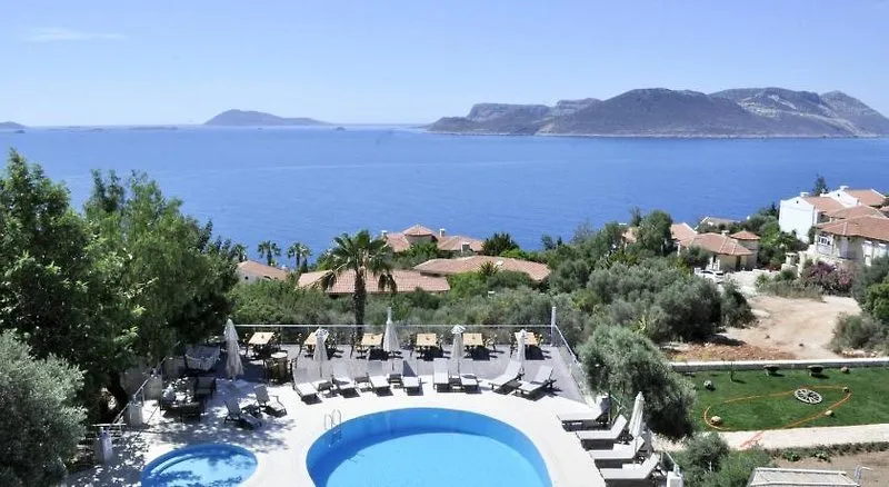 Panoramski pogled na bazen in turkizno morje v Kaşu