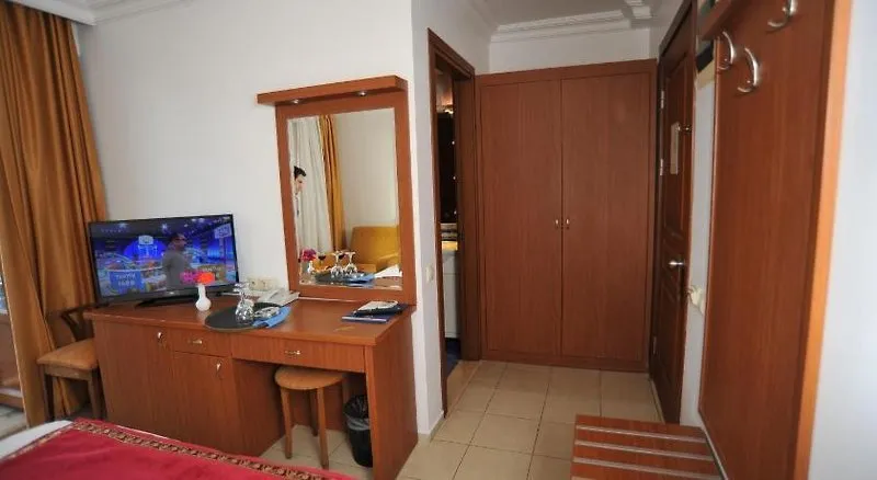 Notranjost sobe s pisalno mizo, televizijo in ogledalom