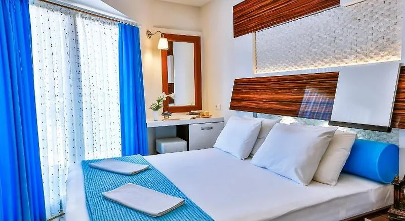 Udobna hotelska soba z modrimi poudarki