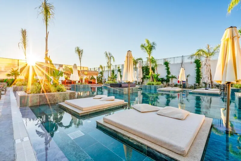 Elegantno območje bazena s palmami in ležalniki