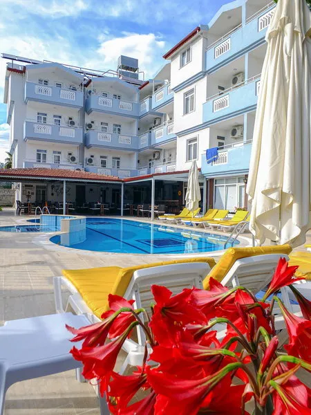 Pogled na bazen skozi cvetoče rdeče rože